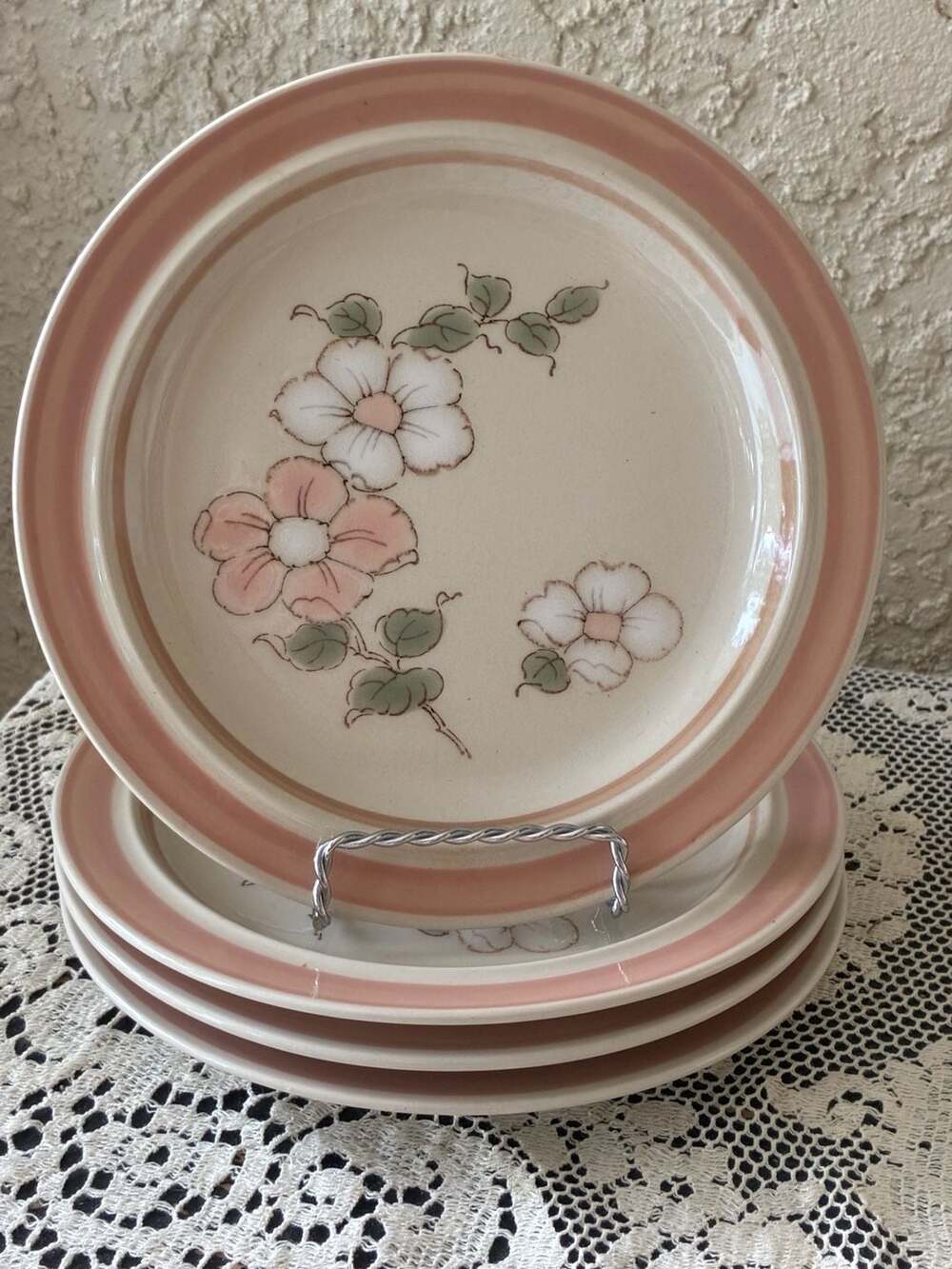 Set of 4 Baum Bros Pink Blossom Fine Imported Stoneware Salad Plates